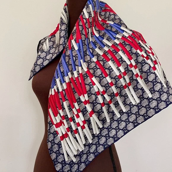 Gucci Scarf Logo GG Print Club WEB Blue Silk Wrap with Gucci Gift Box